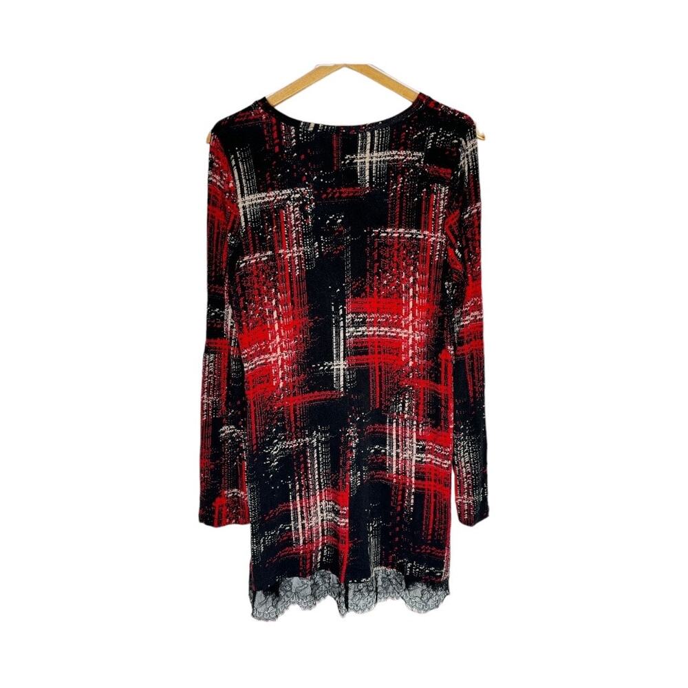 Womens Logo Black Red Plaid long sleeve Scoop Neck lace trim Tunic Dress Medium